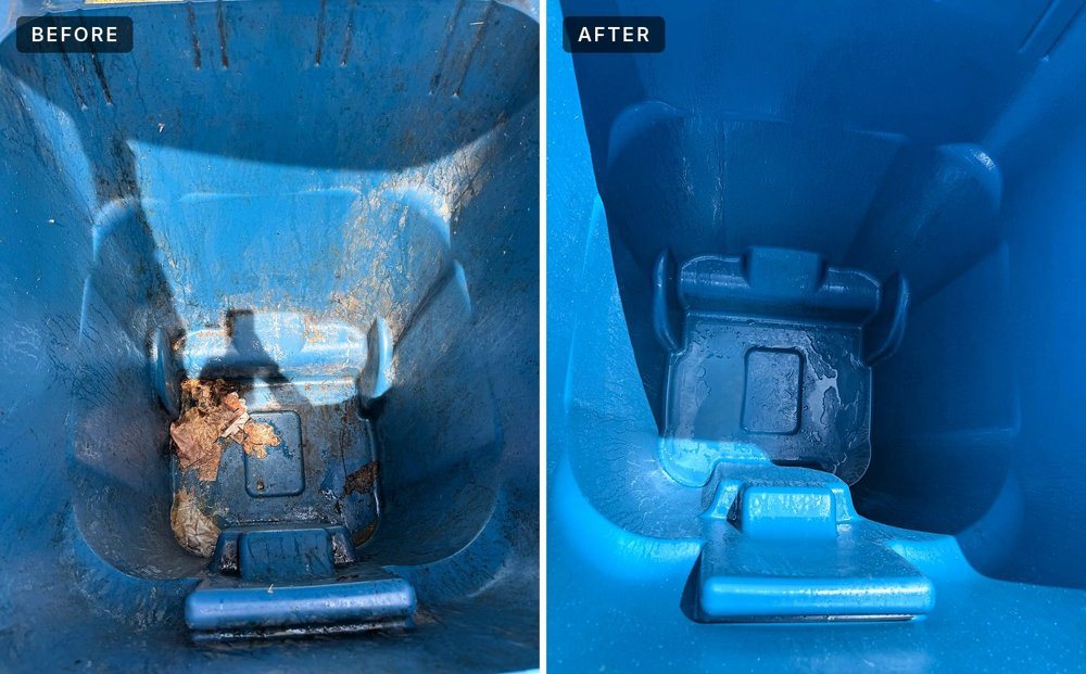 Before and after: Blue recycling bin, cleaned by Carolina Can Cleaning
