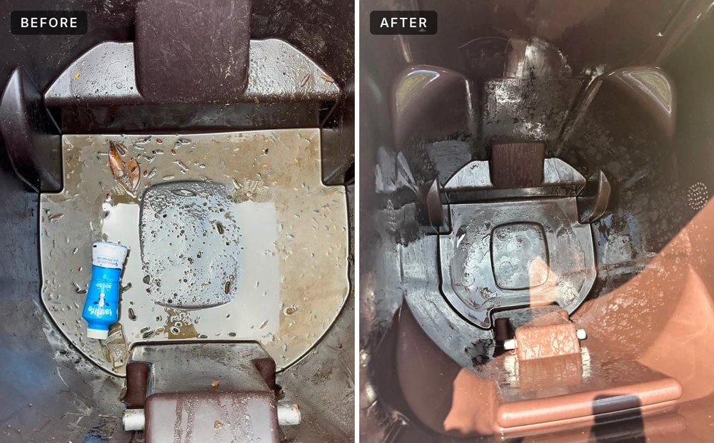 Before and after: Brown trash bin, cleaned by Carolina Can Cleaning