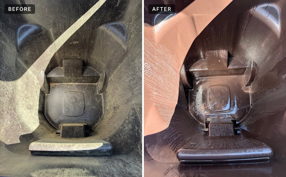 Before and after: Brown trash bin, inside, cleaned by Carolina Can Cleaning