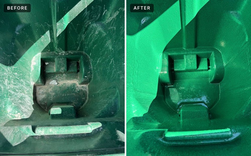 Before and after: Green trash bin, cleaned by Carolina Can Cleaning