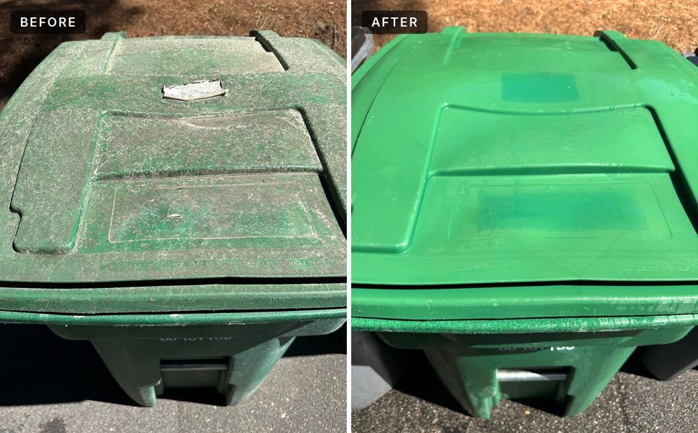 Before and after: Green bin lid, cleaned by Carolina Can Cleaning